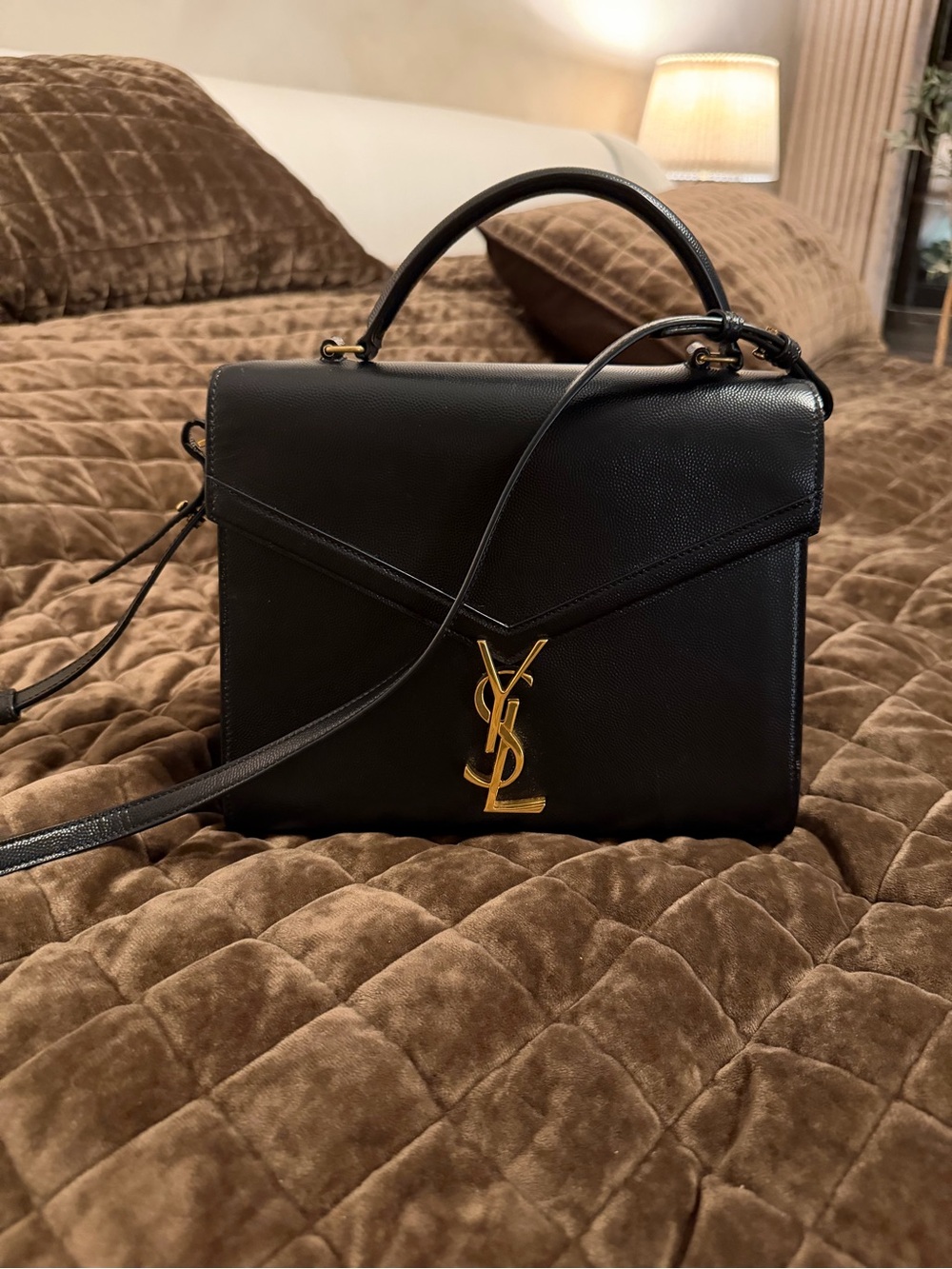 Saint Laurent Black Leather Top-Handle Satchel with Gold YSL Logo